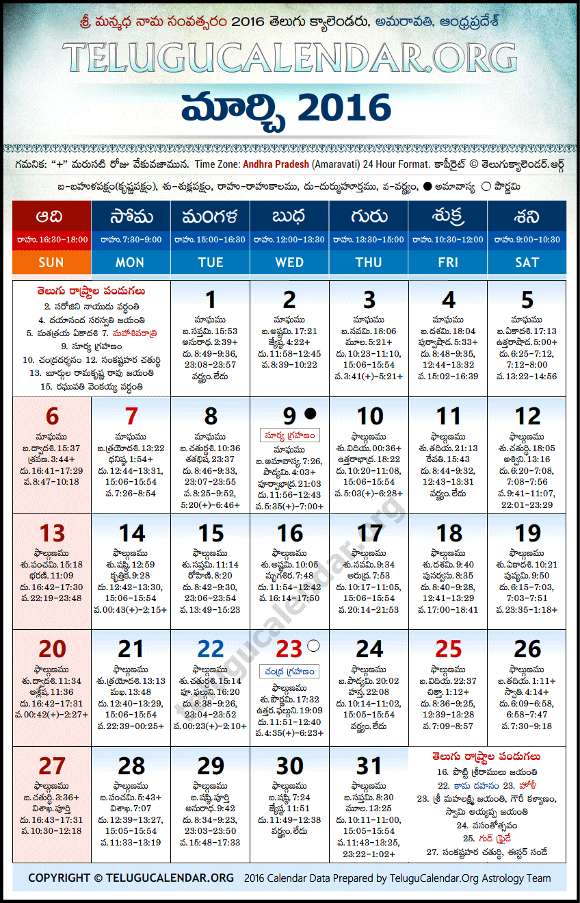 Telugu Calendar 2016 March, Andhra Pradesh