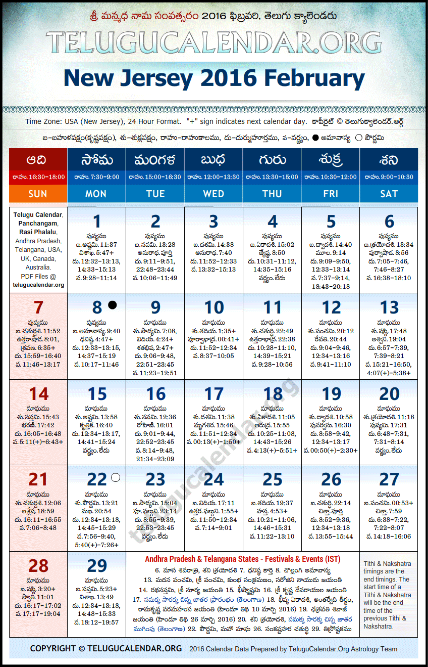 Telugu Calendar 2016 February, New Jersey