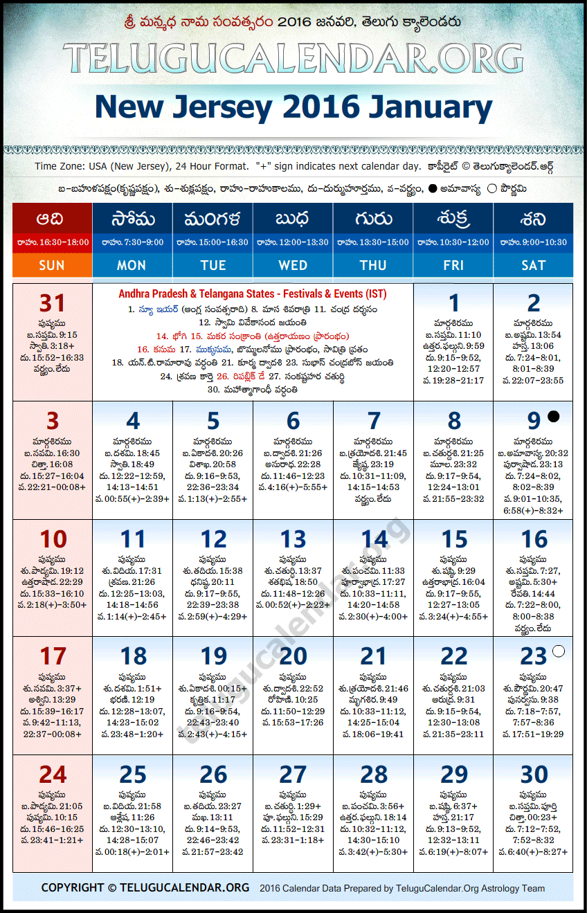 Telugu Calendar 2016 January, New Jersey
