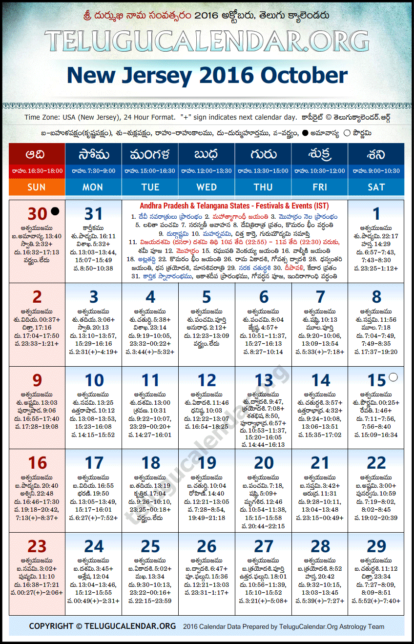 New Jersey Telugu Calendars 2016 October