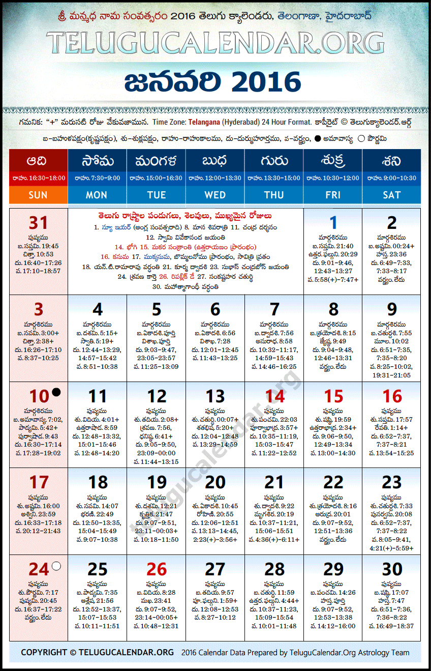 Telugu Calendar 2016 January, Telangana