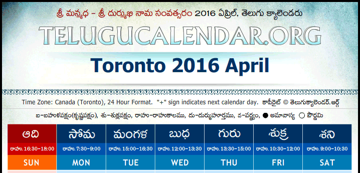 Telugu Calendar 2016 April