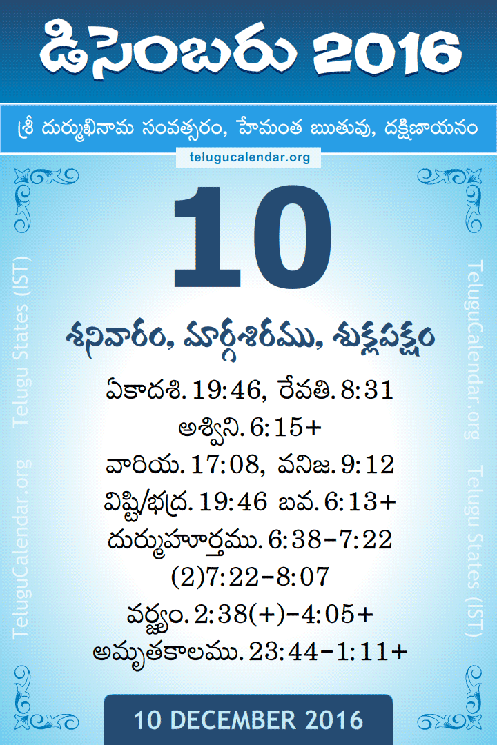 10 December 2016 Telugu Calendar