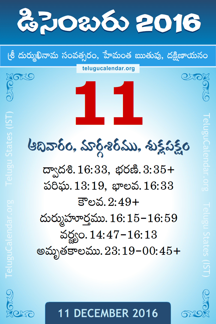 11 December 2016 Telugu Calendar
