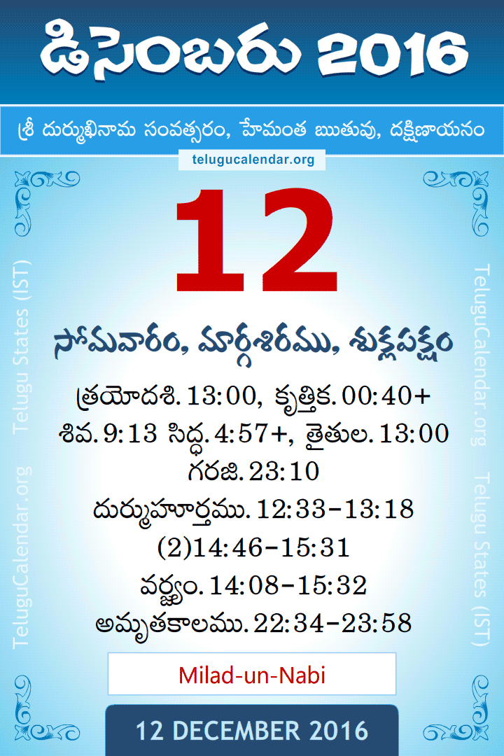 12 December 2016 Telugu Calendar