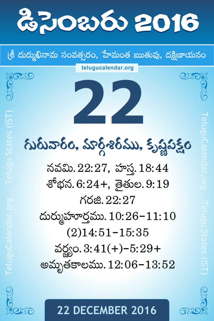 22 December 2016 Telugu Calendar