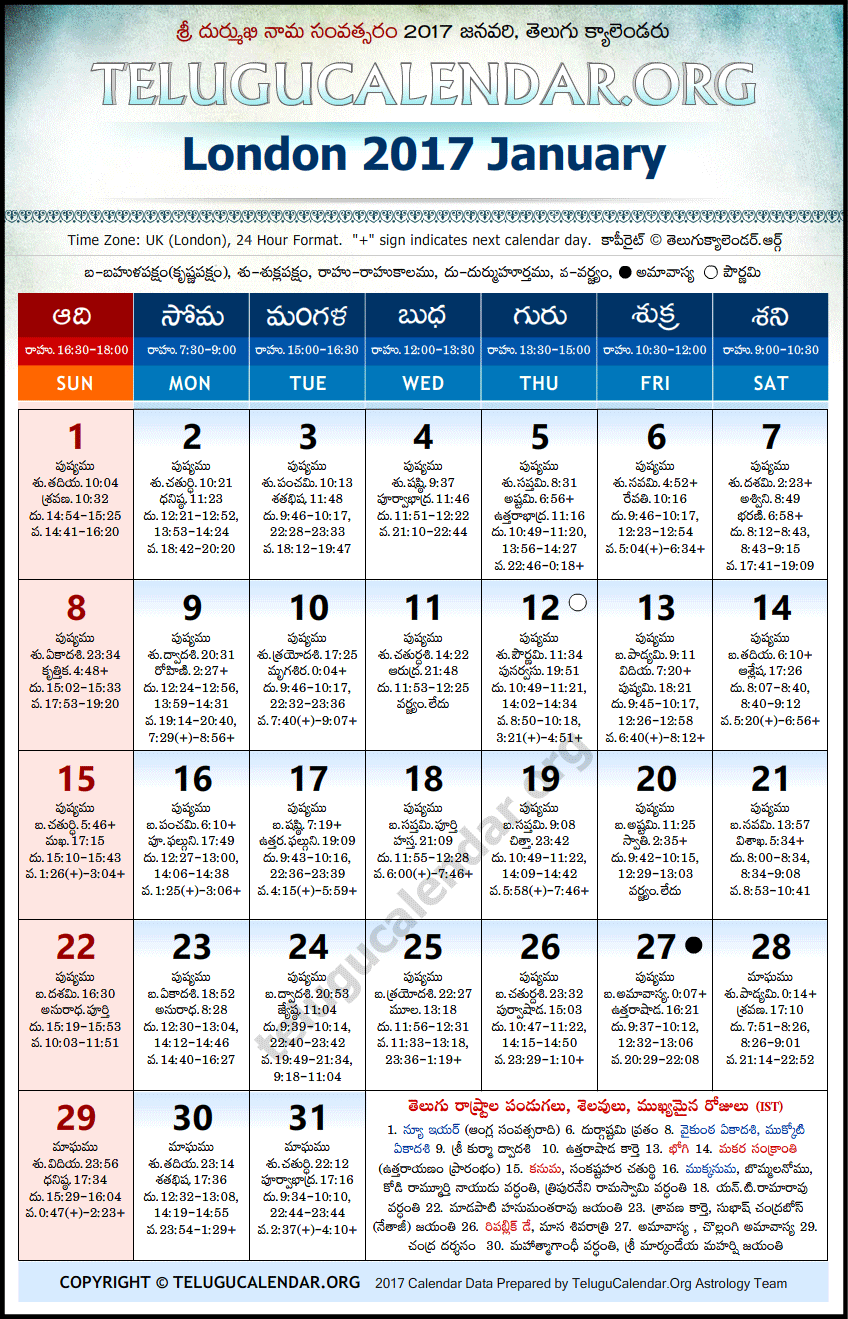 Telugu Calendar 2017 January, London