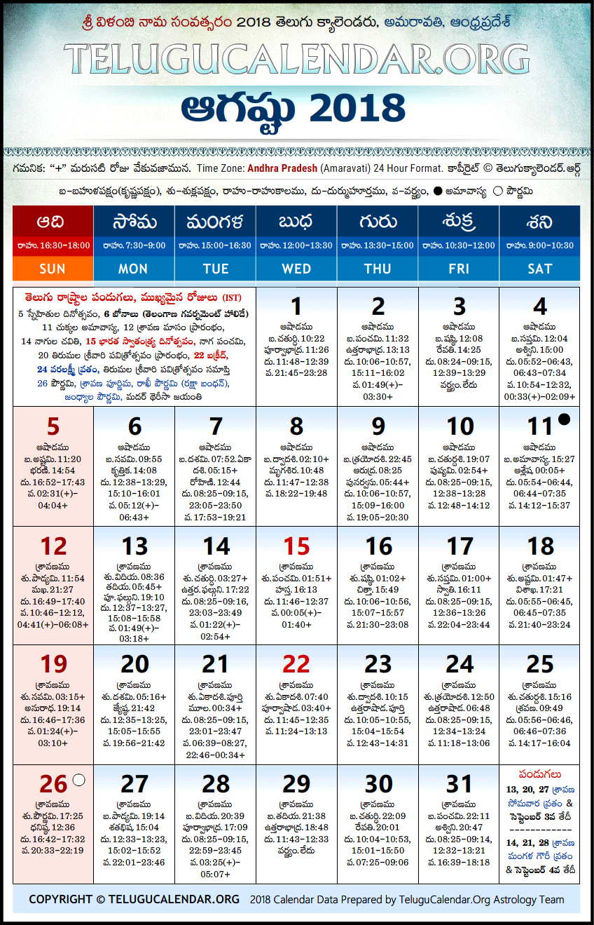 Telugu Calendar 2018 August, Andhra Pradesh