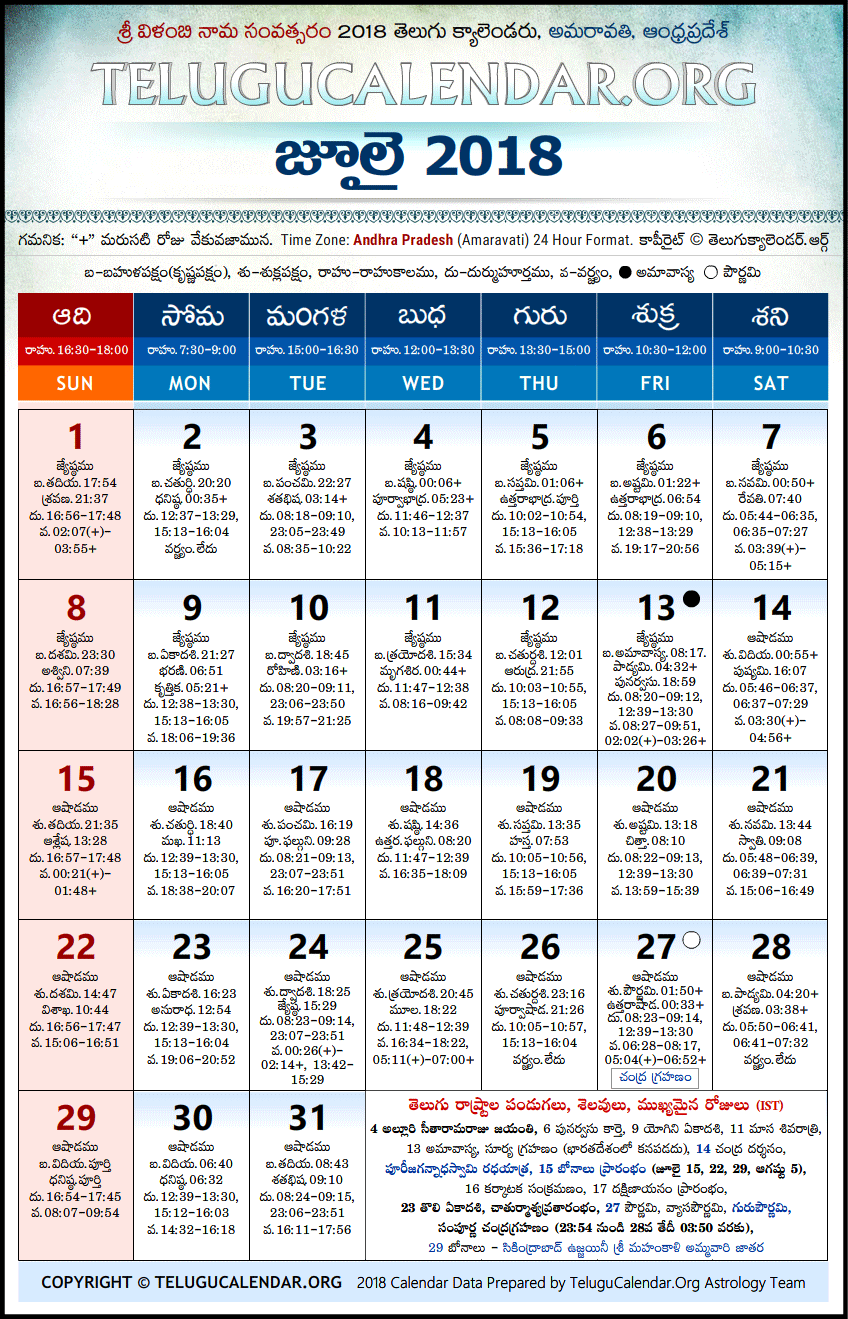 Telugu Calendar 2018 July, Andhra Pradesh