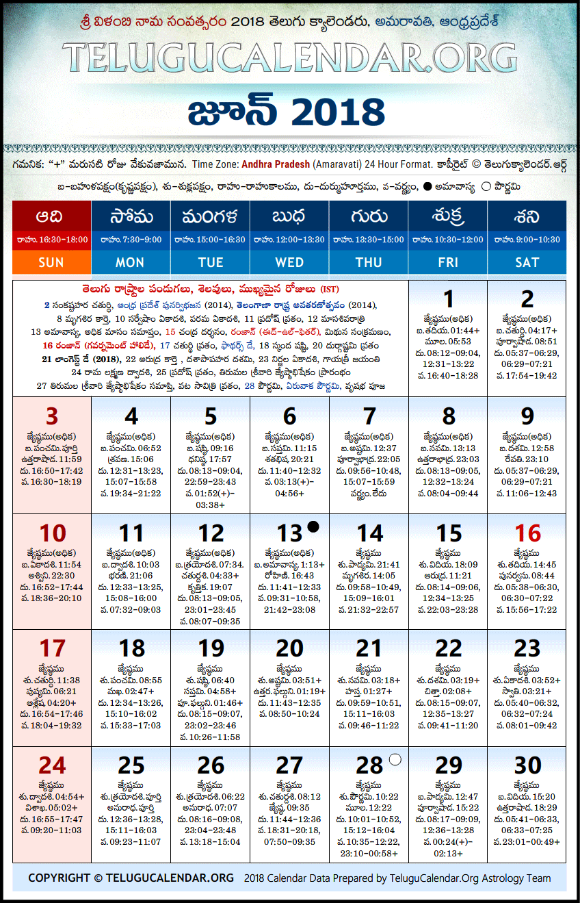 Andhra Pradesh Telugu Calendars 2018 June