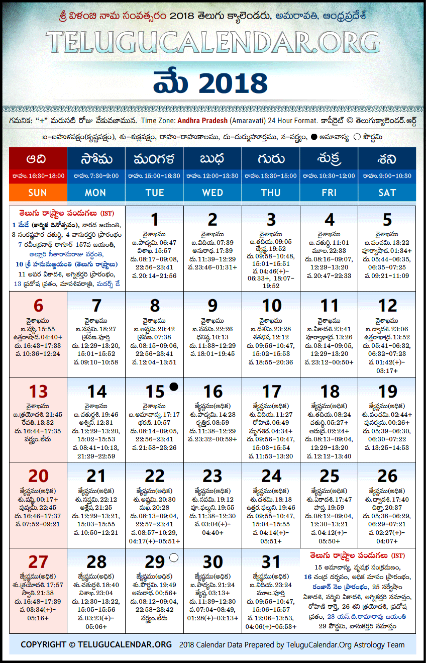 Telugu Calendar 2018 May, Andhra Pradesh