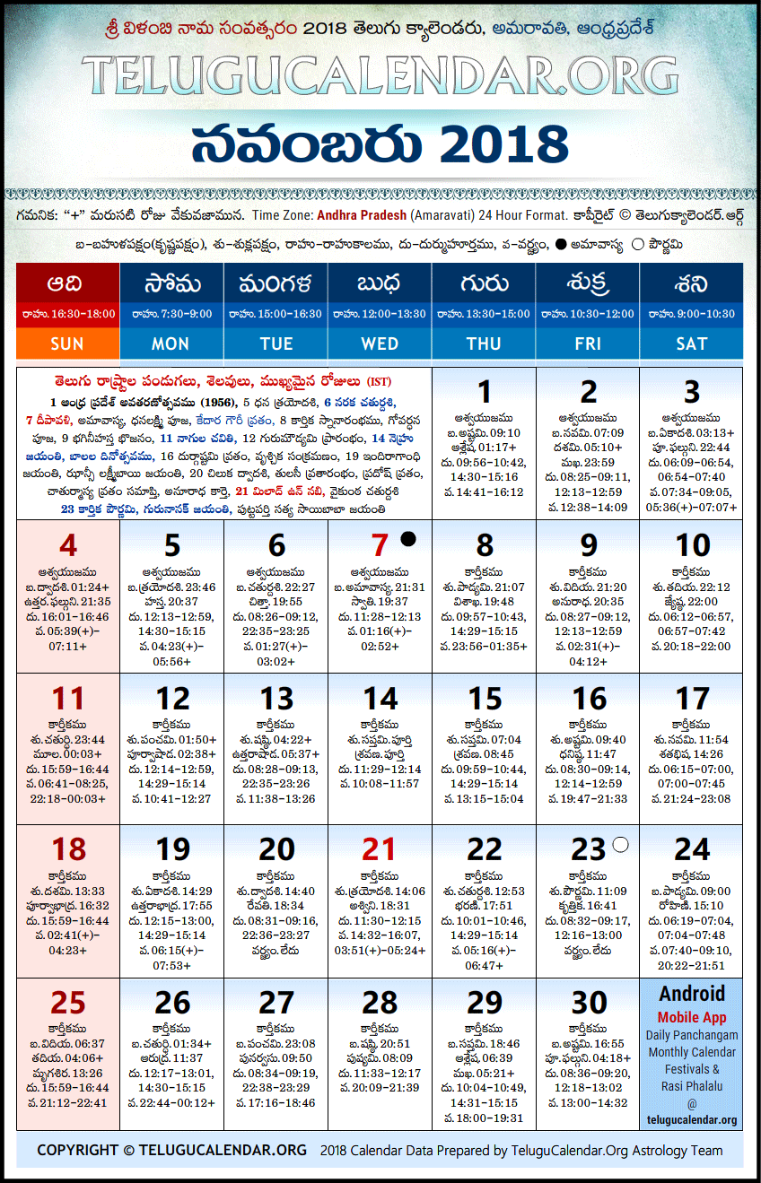 Telugu Calendar 2018 November, Andhra Pradesh