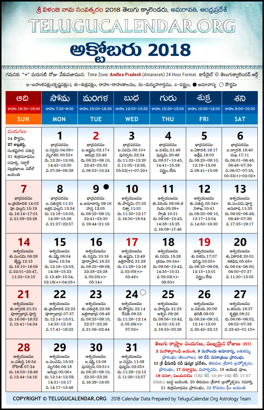 Telugu Calendar 2018 October, Andhra Pradesh