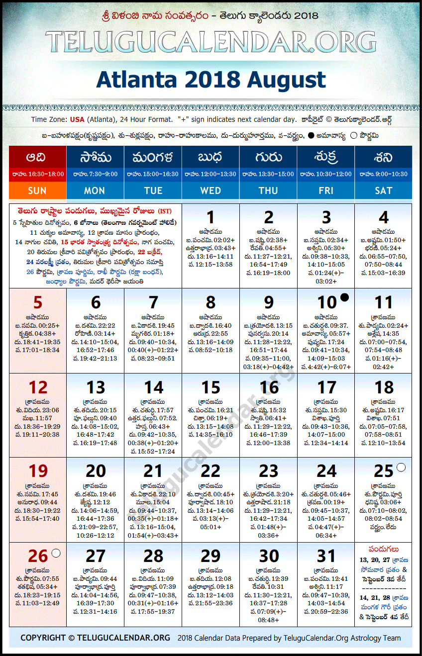Telugu Calendar 2018 August, Atlanta