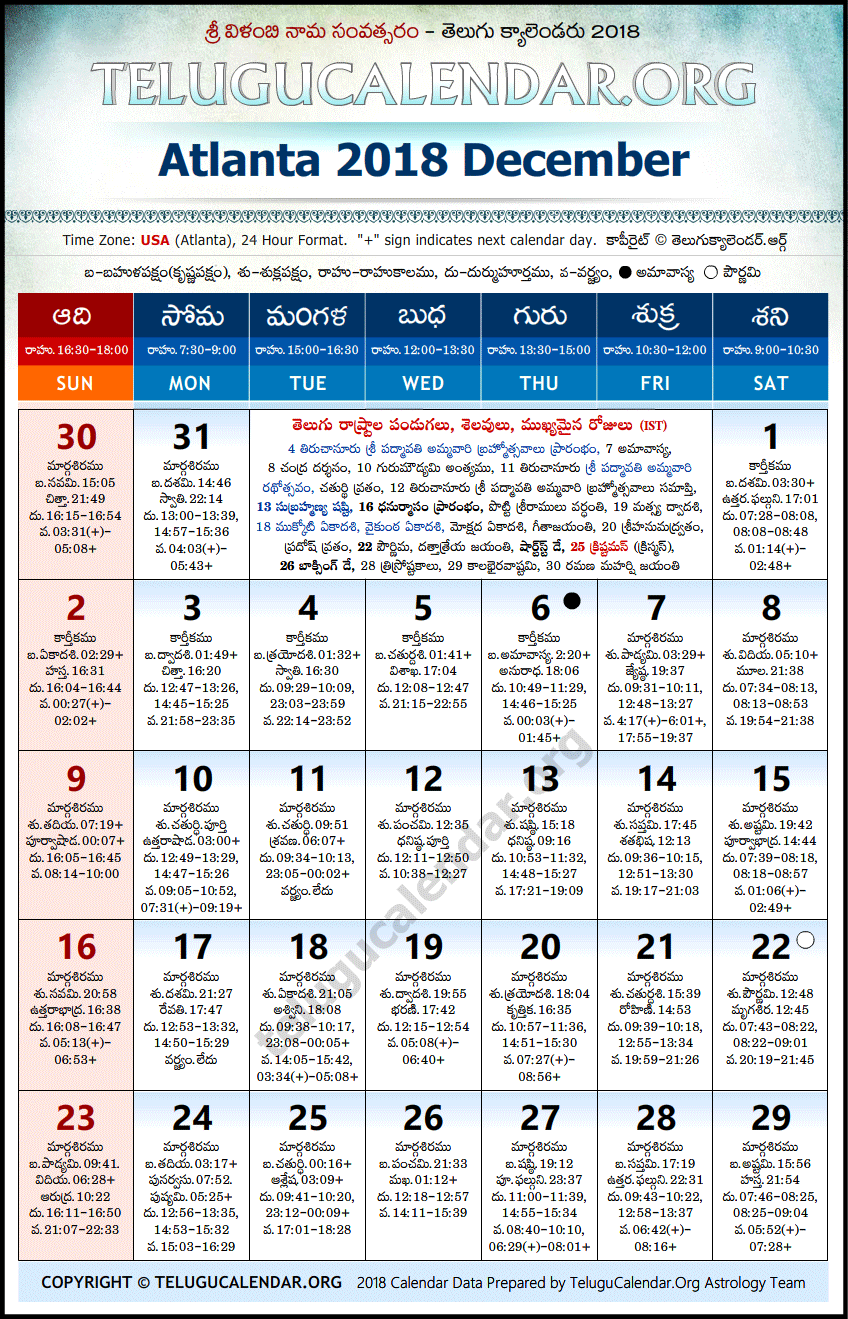 Telugu Calendar 2018 December, Atlanta