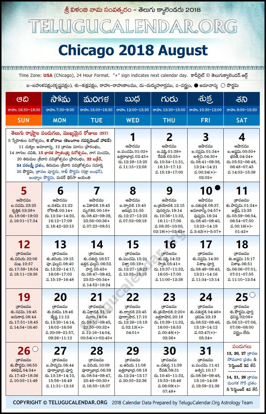 Telugu Calendar 2018 August, Chicago