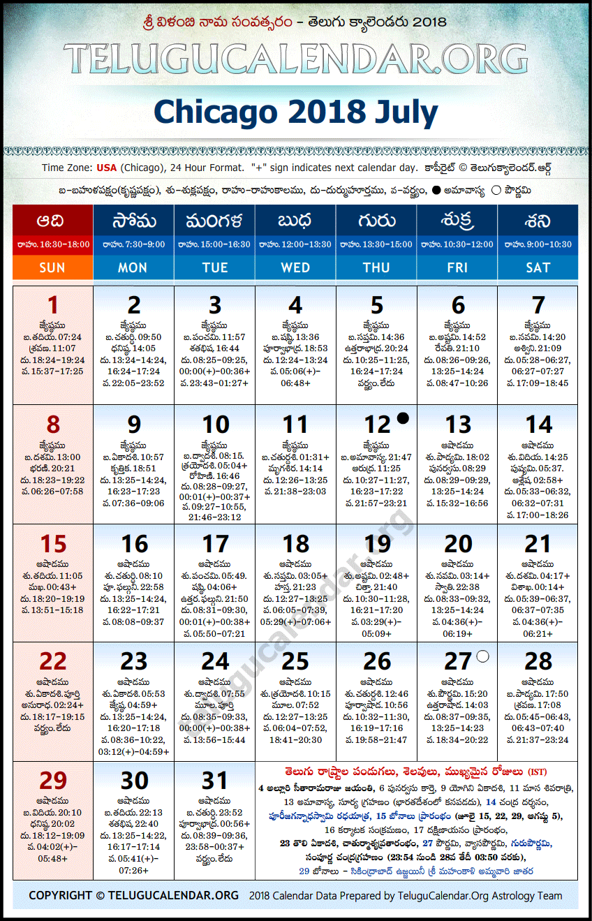 Telugu Calendar 2018 July, Chicago