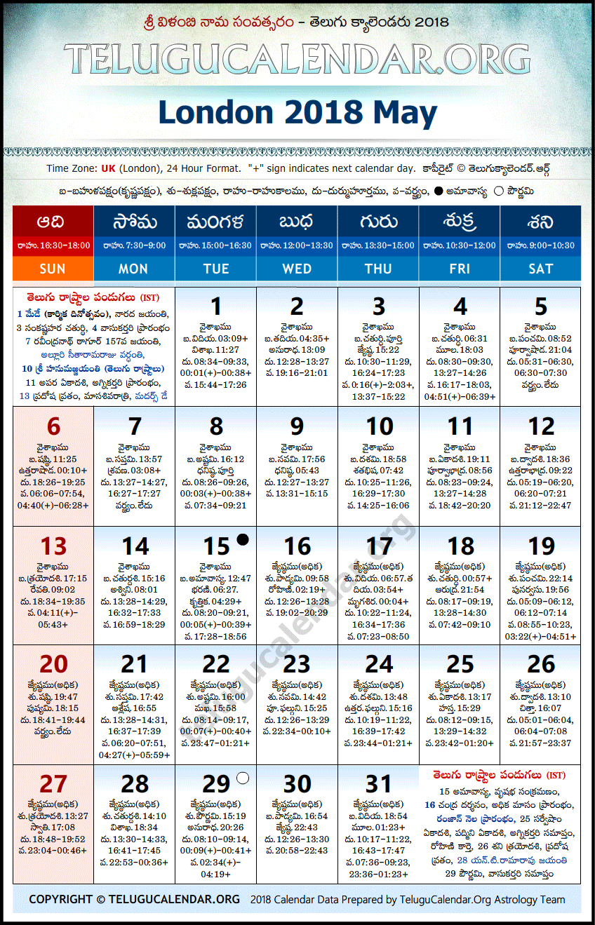 Telugu Calendar 2018 May, London