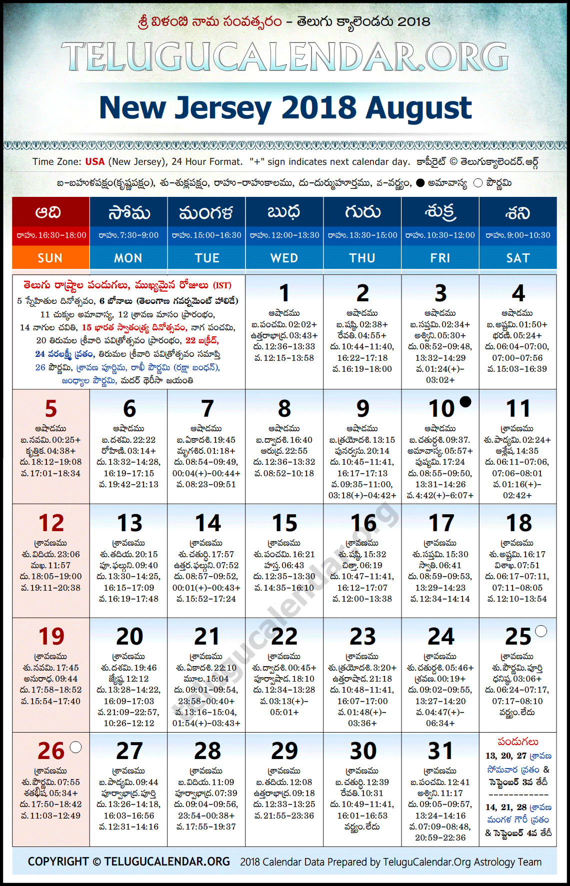 New Jersey Telugu Calendar 2018 August High Resolution Download