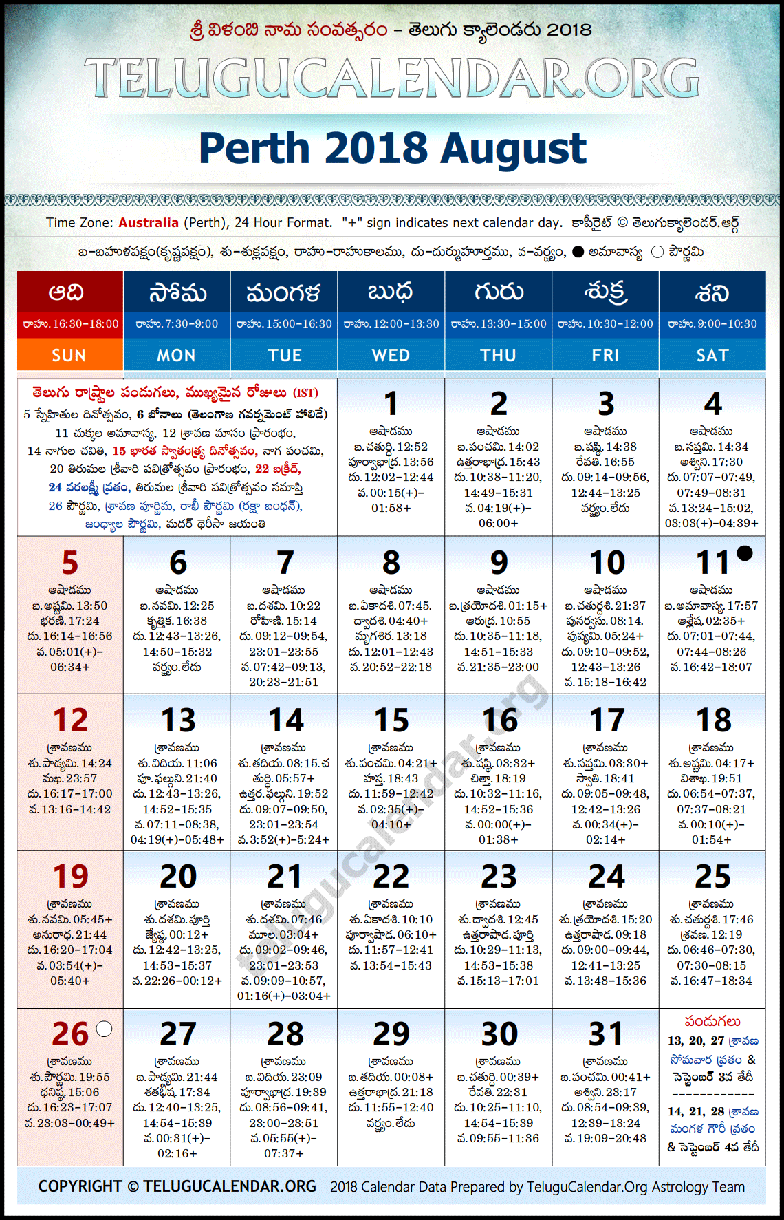 Perth Telugu Calendar 2018 August High Resolution Download