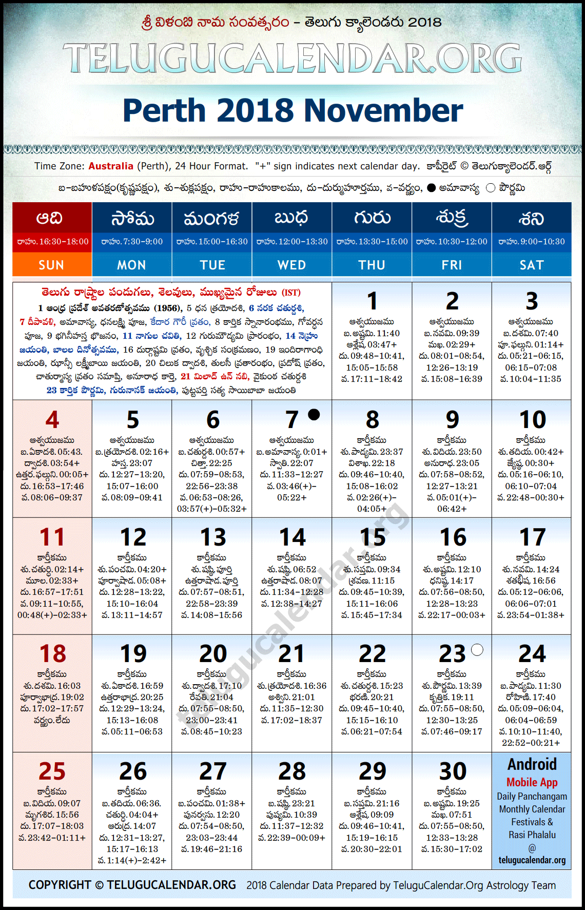 Perth Telugu Calendar 2018 November High Resolution Download