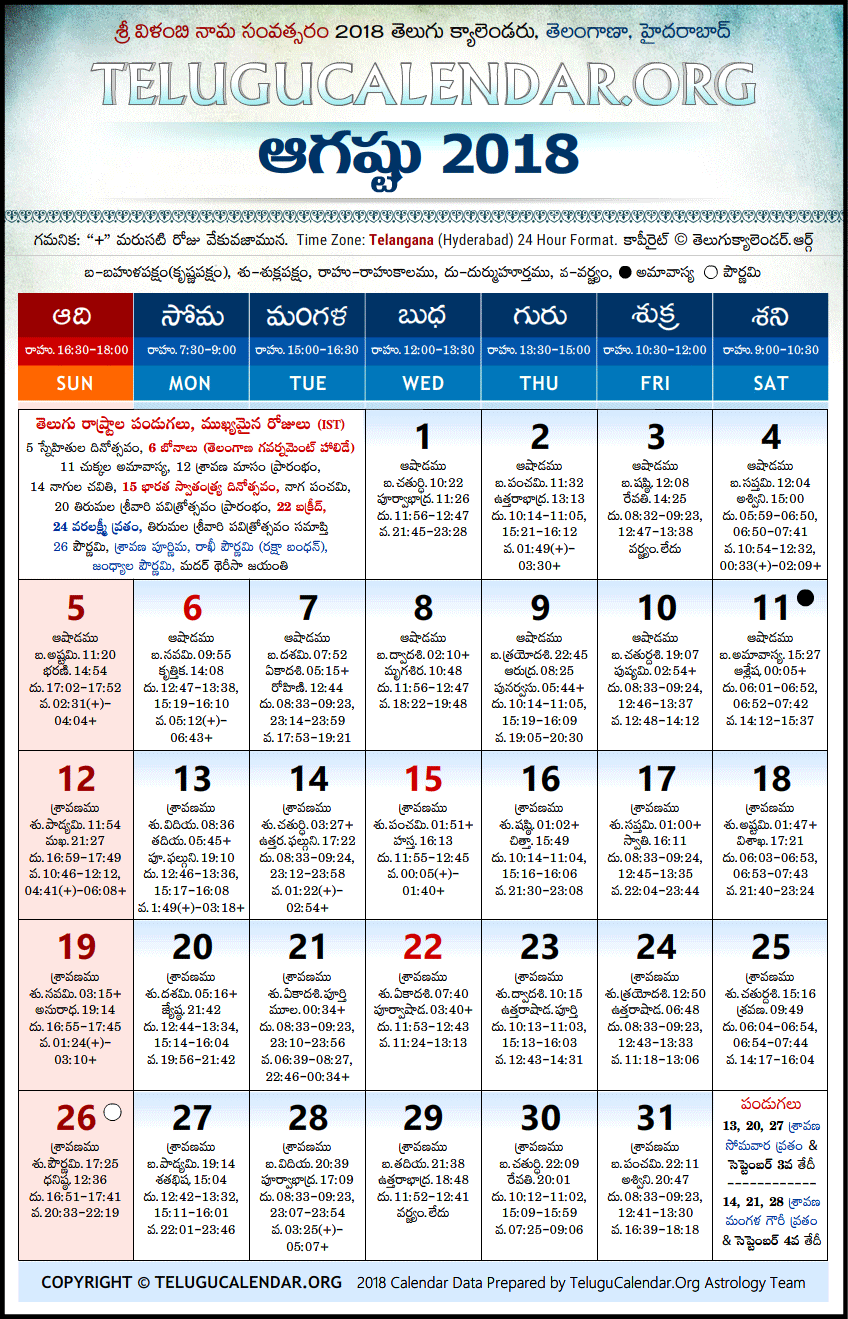 Telugu Calendar 2018 August, Telangana