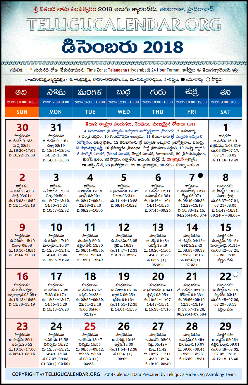 Telugu Calendar 2018 December, Telangana
