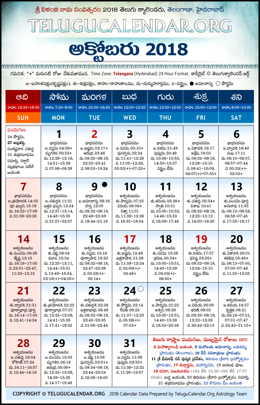Telugu Calendar 2018 October, Telangana