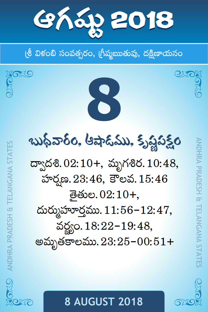 8 August 2018 Telugu Calendar