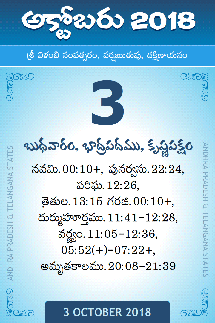 3 October 2018 Telugu Calendar
