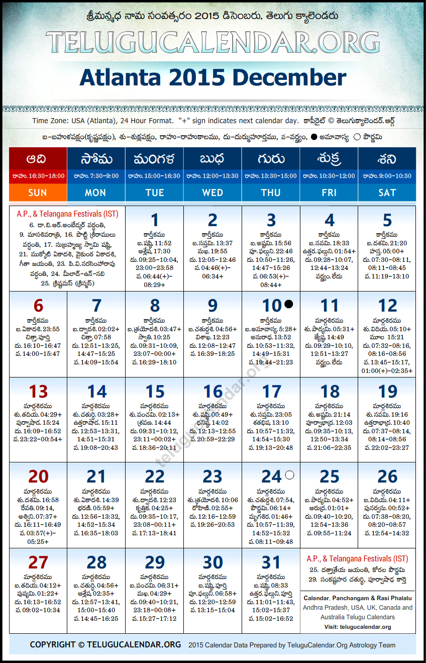 Telugu Calendar 2015 December, Atlanta
