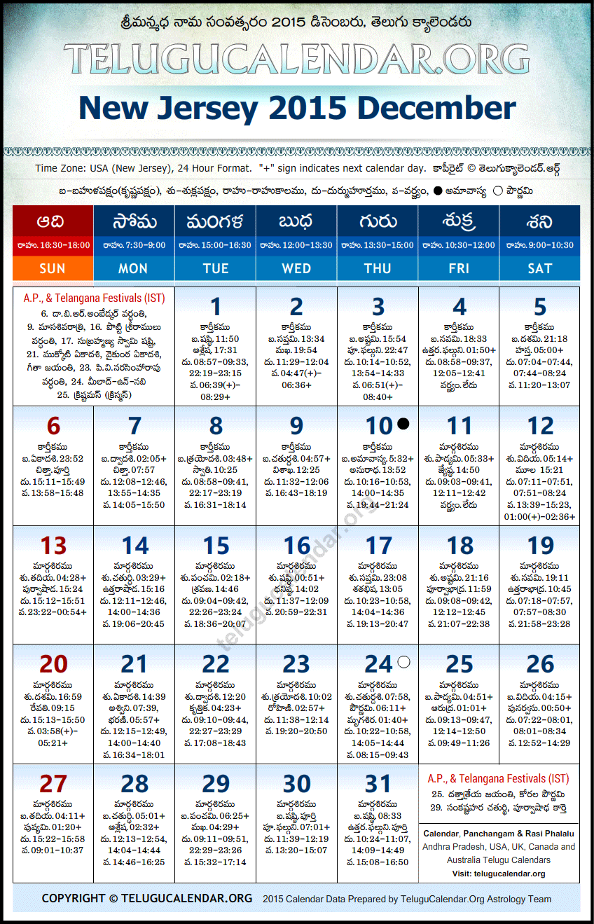 New Jersey Telugu Calendars 2015 December