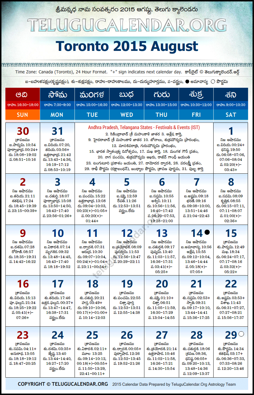 Telugu Calendar 2015 August, Toronto