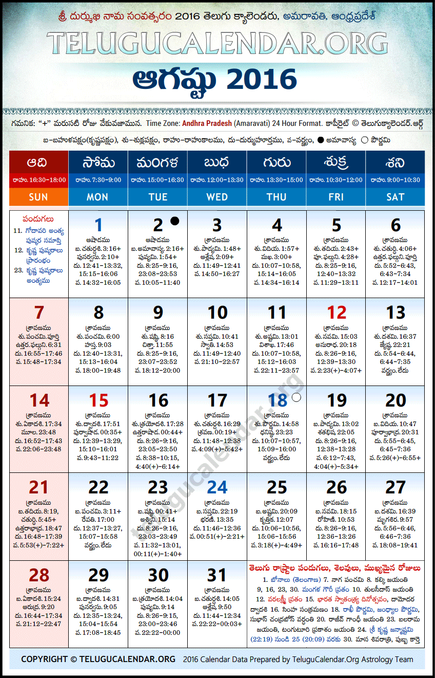 Telugu Calendar 2016 August, Andhra Pradesh