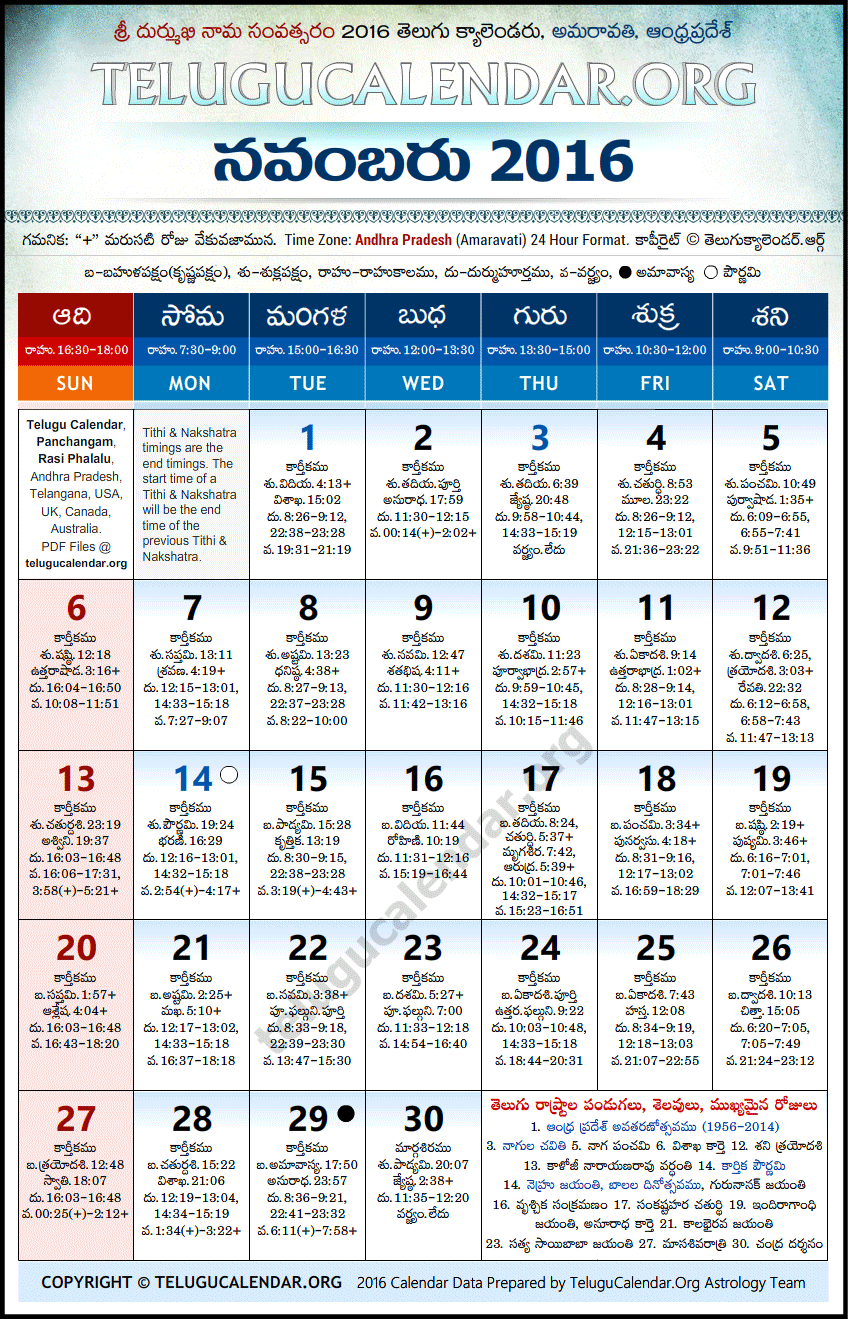 Telugu Calendar 2016 November, Andhra Pradesh