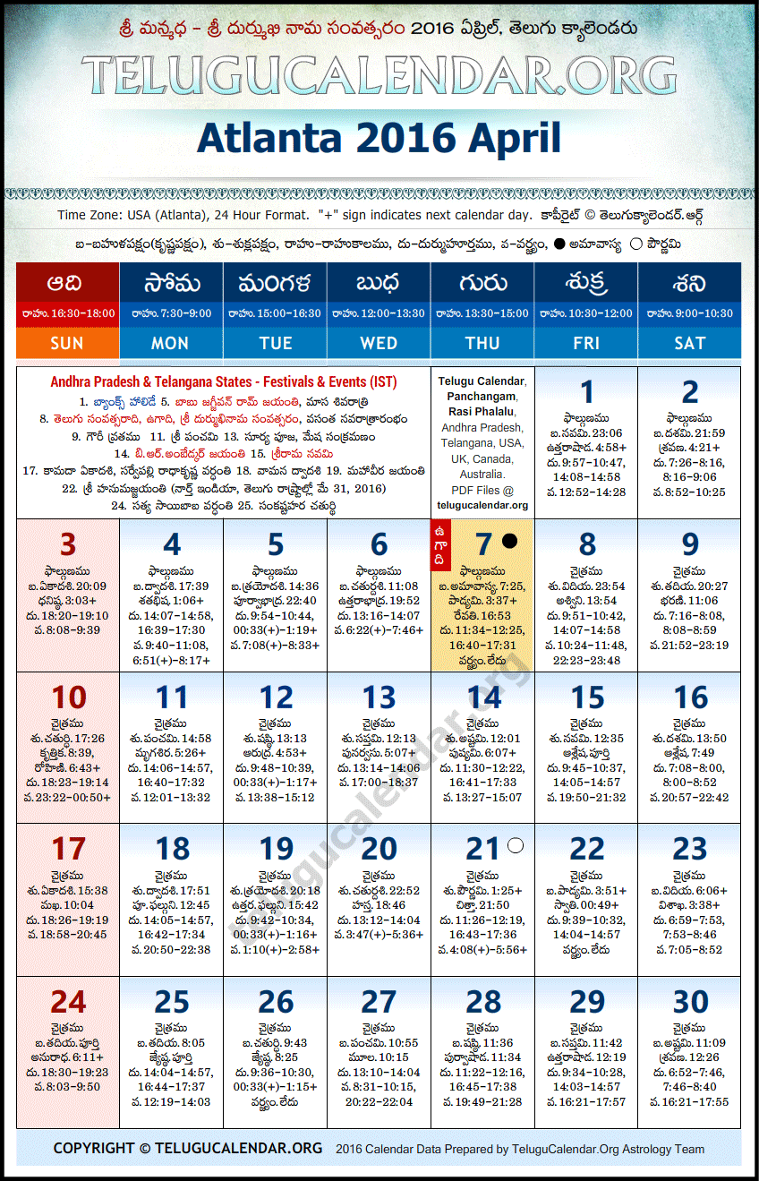 Telugu Calendar 2016 April, Atlanta