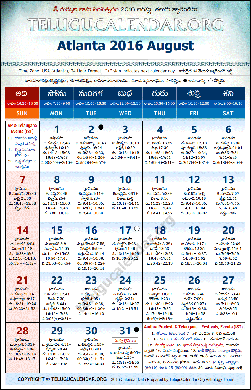 Telugu Calendar 2016 August, Atlanta