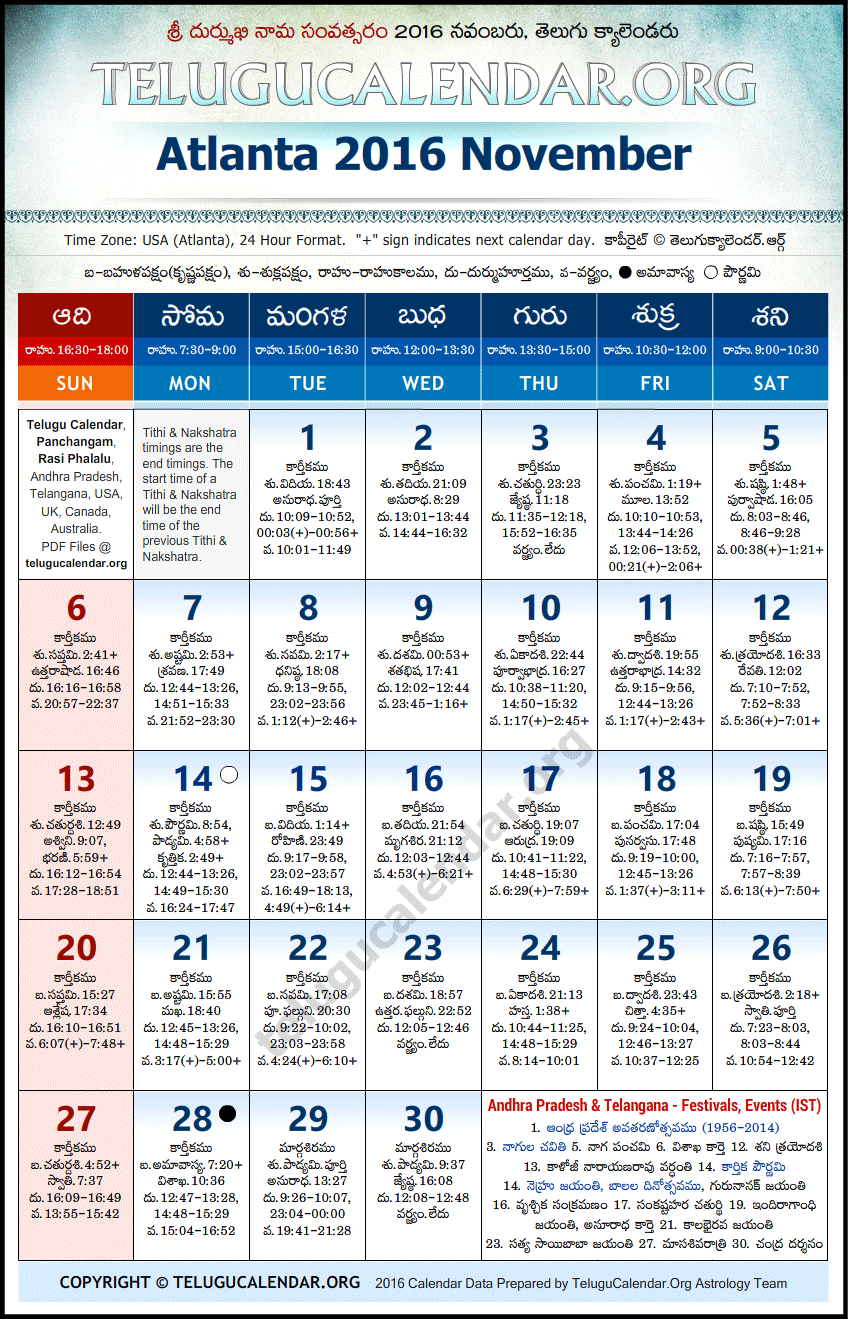 Telugu Calendar 2016 November, Atlanta