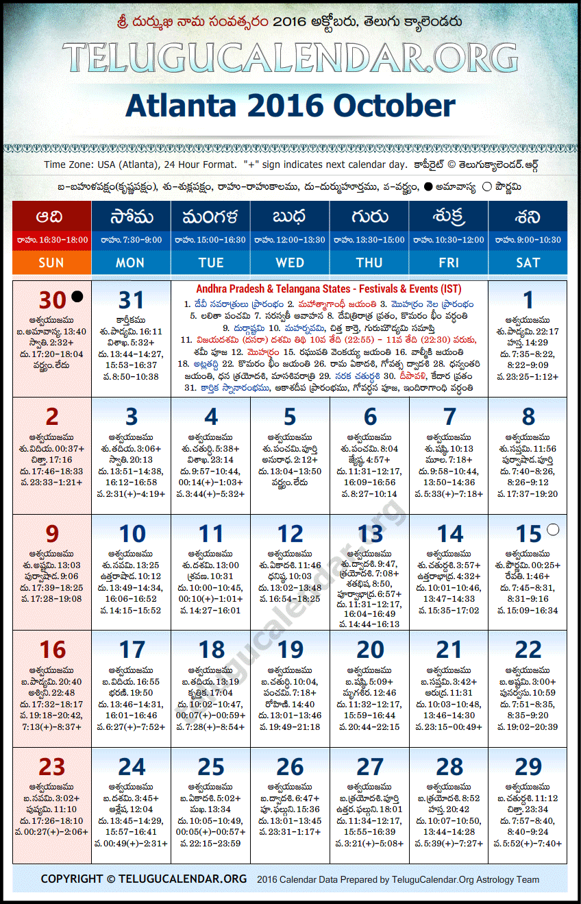Telugu Calendar 2016 October, Atlanta
