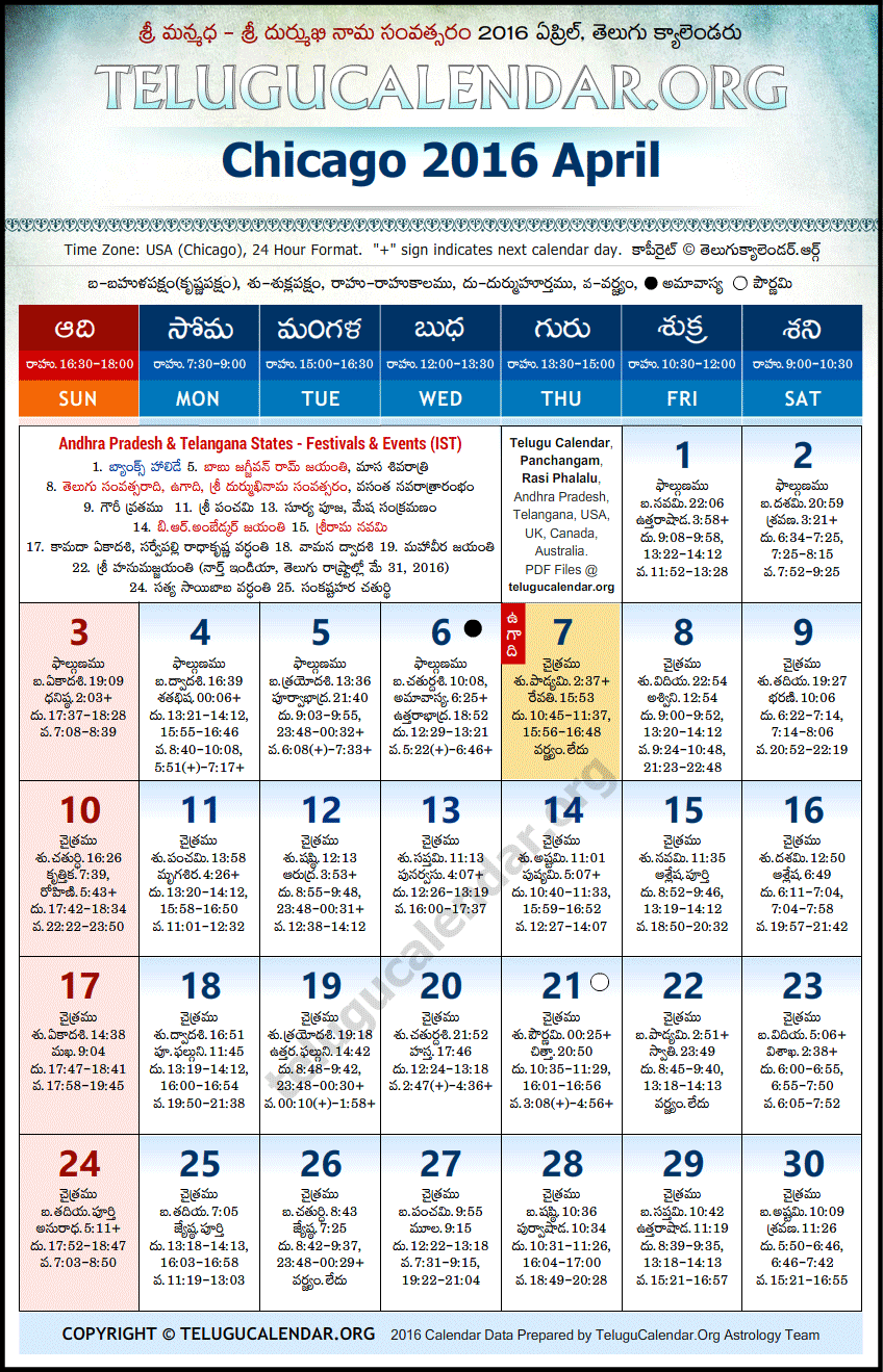 Telugu Calendar 2016 April, Chicago