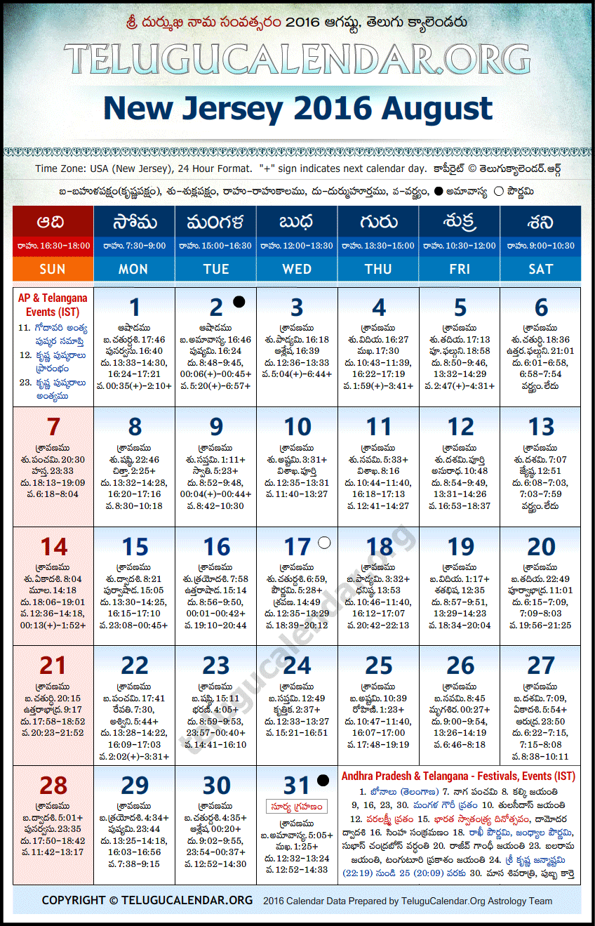 Telugu Calendar 2016 August, New Jersey