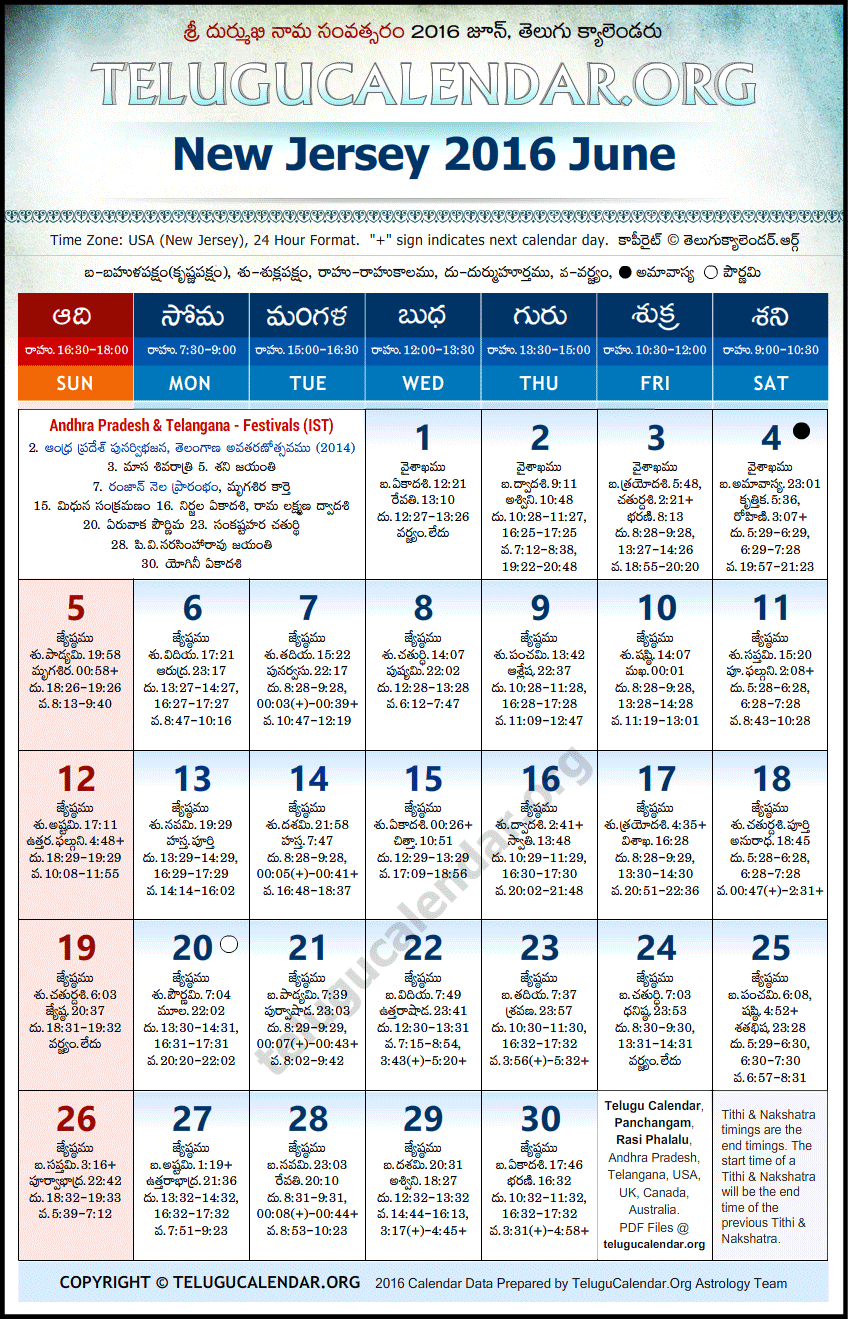 Telugu Calendar 2016 June, New Jersey