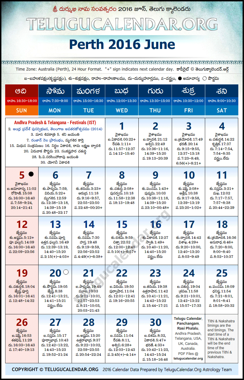 Telugu Calendar 2016 June, Perth