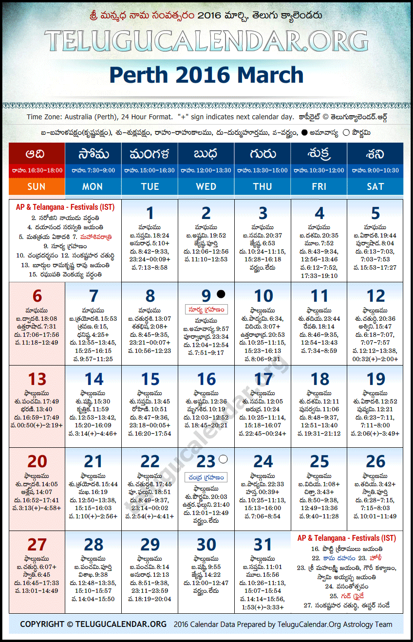 Telugu Calendar 2016 March, Perth