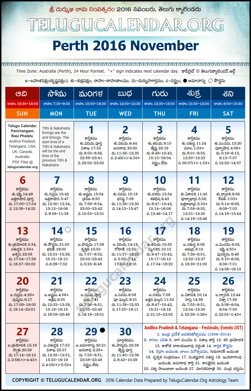 Telugu Calendar 2016 November, Perth