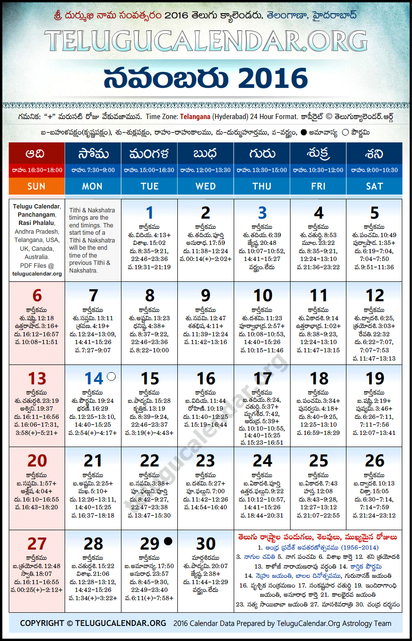 Telugu Calendar 2016 November, Telangana