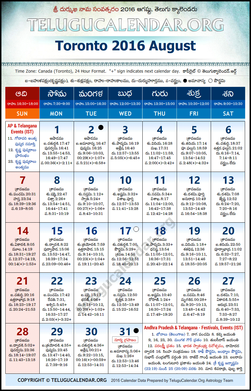 Telugu Calendar 2016 August, Toronto