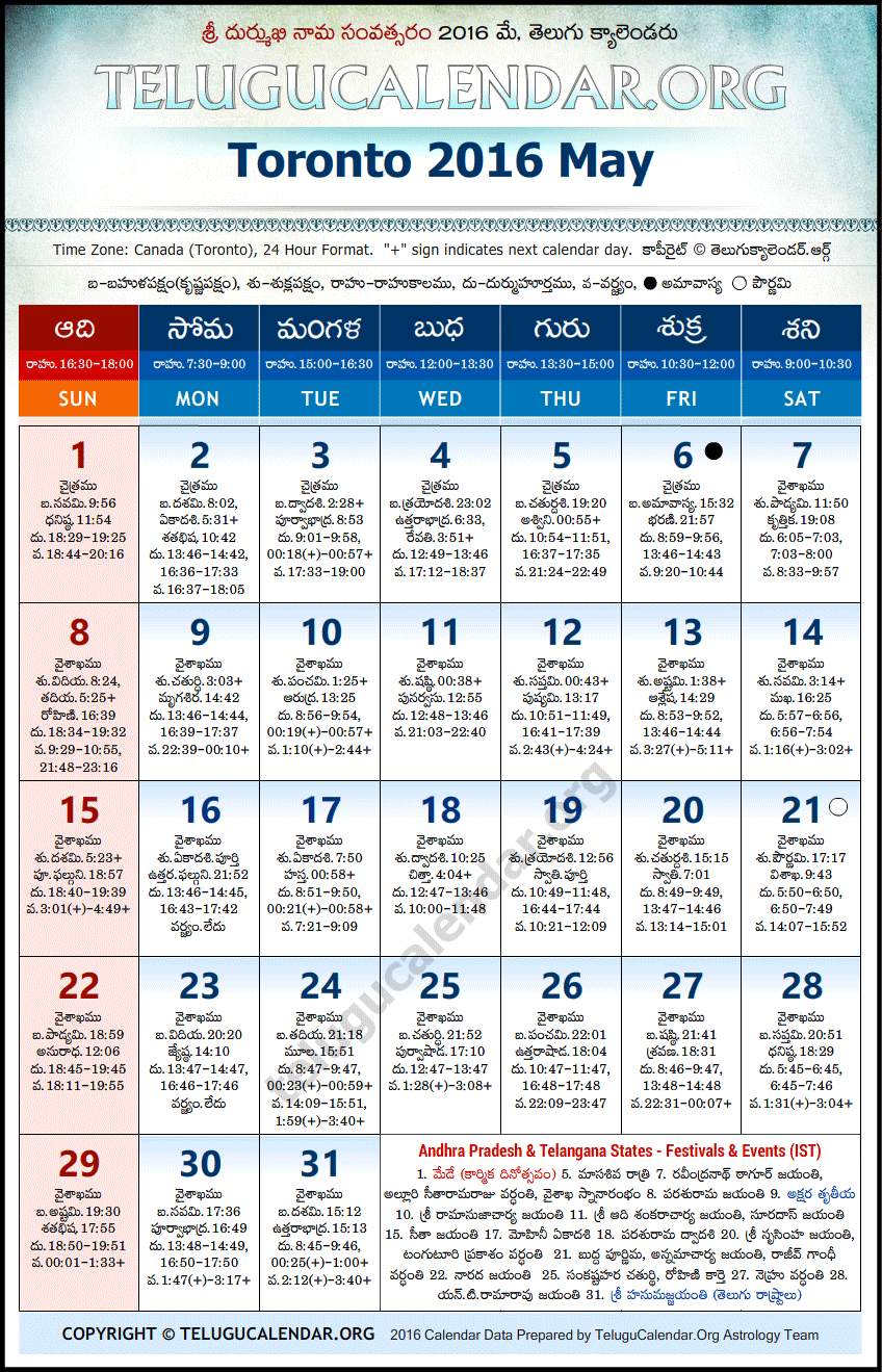 Telugu Calendar 2016 May, Toronto