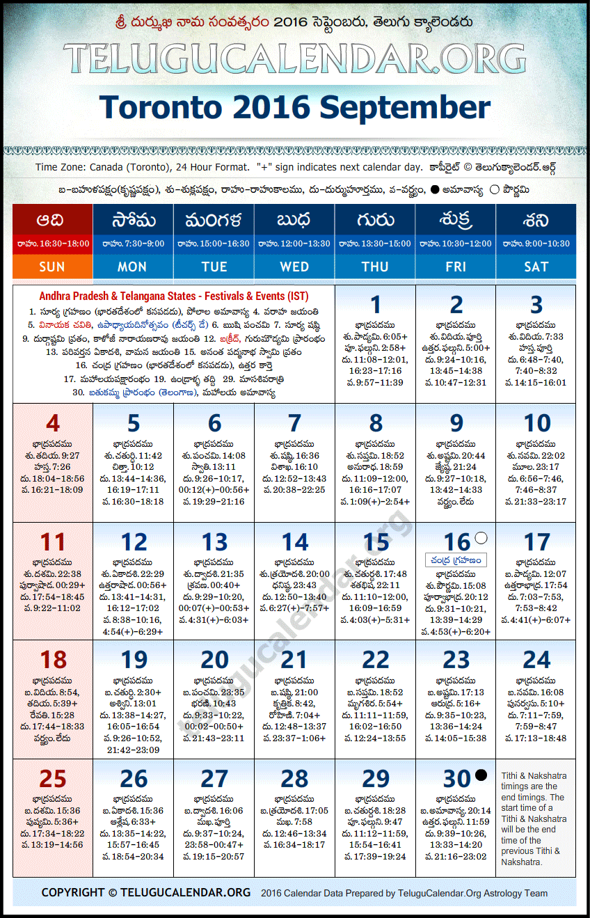 Telugu Calendar 2016 September, Toronto