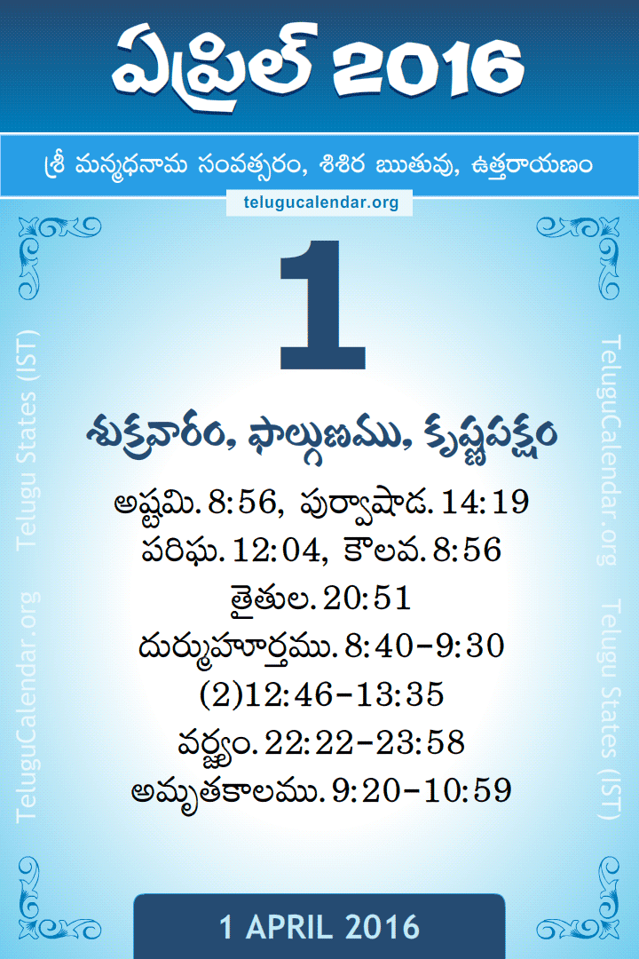 1 April 2016 Telugu Calendar